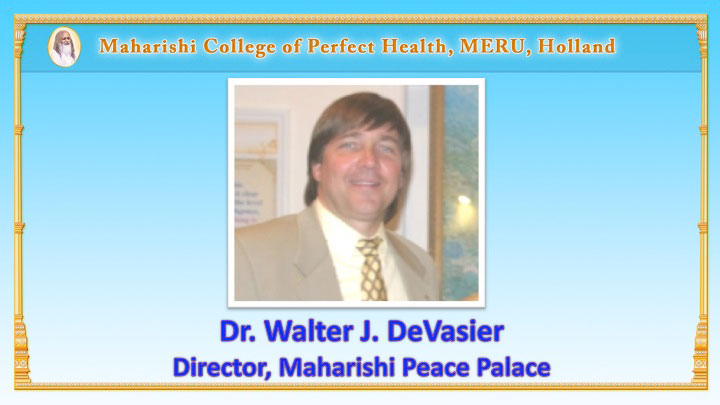 Slide11.jpg - Dr Walter DeVasier, Director of the Maharishi Peace Palace in Maharishi Vedic City, IA,USA has successfully used the Model of Vedic Physiology with students at Maharishi University of Management and participants on the Invincible America Assembly, both  located in Fairfield, IA. Students and course participants report better sleep, a feeling of increased silence inside, and deeper experiences during their practice of Transcendental Meditation.