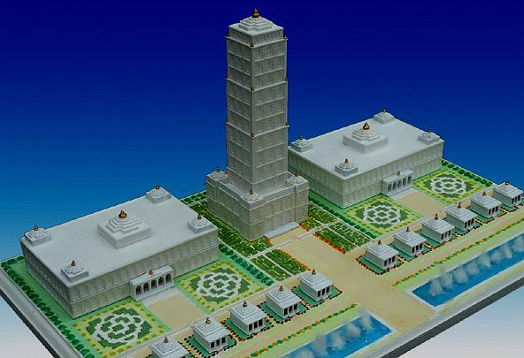 Slide05.jpg - Model of Maharishi Tower of Invincibility -- to rise in many countries around the world. One year ago on 9th January 2008, Maharishi said: 'Tower of Invincibility will be not only a high tower, but a place of knowledge....a place of knowledge to secure Invincibility for all time. It will be a school, a college, a university of Invincibility. We will be designing the Home of Total Knowledge for all the children of all future generations, and we will do it without delay.'