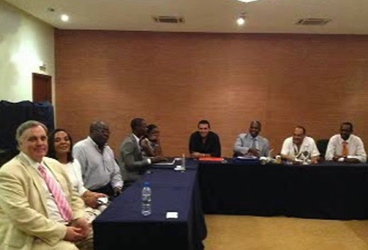 SanTomeipresentation.jpg - Dr Morris gave a presentation to the city?s most prominent businessmen in Sao Tom�, an island country off the west coast of Africa.