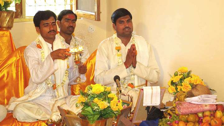 50_pandits.jpg - Maharishi Vedic Pandits during performance of specific recitations for certain days of the Vedic calendar.