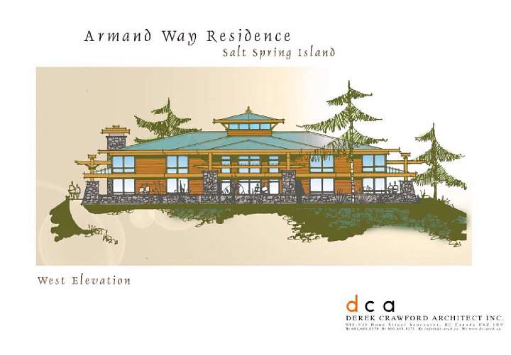 026-Rendering.jpg - This rendering depicts the western elevation of a residence in the new Armand Way development, featuring the classic west coast design. Construction will utilize building materials that harmonize with the nature of the land.