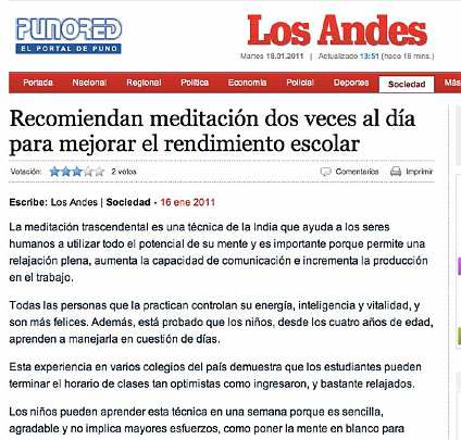 01-Los-Andes-peru-.jpg - The article published again in Los Andes, the most important newspaper in mountainous southern Peru, mentions the four year old project in Puno with more than fifteen hundred students practising the Transcendental Meditation Programme. It states that the students and parents involved with this project highly recommend that all students in the country learn this simple technique.