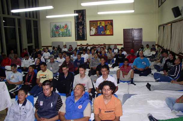 P1010002.jpg - These young men receiving instruction in the Transcendental Meditation Sidhis Programme are among four groups forming a coherence creating assembly of 800 Yogic Flyers to help create national invincibility in Colombia.