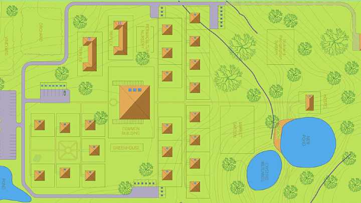 80EcoVillageSitePlan.jpg - Part of the site plan of Abundance EcoVillage, a highly sustainable community of small houses in Fairfield, Iowa, USA. The site is 'off the grid': All electricity is generated on-site, and sewage is processed naturally on-site. In addition to wells, rainwater is collected to supply drinking water for the houses.