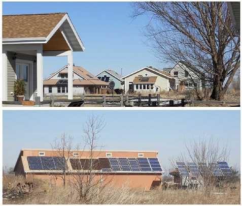 83.jpg - Top photo: more Abundance EcoVillage houses showing solar collectors. Bottom: This north-facing garage provides plenty of space on its opposite side for photovoltaic panels.