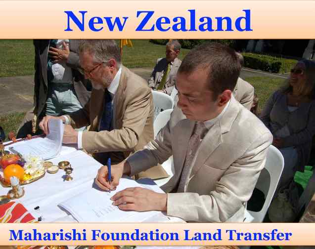 NewZ.jpg - New Zealand: Documents were signed as part of the process of land being donated to Maharishi Foundation to secure its New Zealand home for all time. Dr Martin Davy, the newly appointed National Leader of New Zealand, signed the documents and raised the flag.