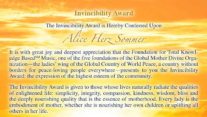 Great-Birtain_03.jpg - Great Britain: The Maharishi Award is presented seasonally, honouring great and inspiring individuals in communities. Alice Herz-Sommers expressed gratitude for the Award, and said, ?Be happy and enjoy?, a very familiar phrase to everyone practising Maharishi?s Transcendental Meditation.