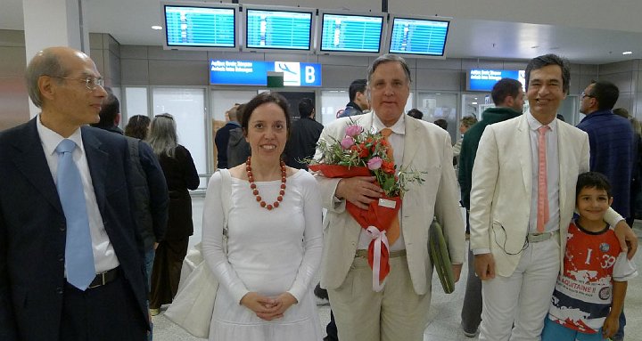 Greece-001-(1)s.jpg - Dr Morris, President of Maharishi University of Management, arrived at the airport in Athens, Greece, to a warm welcome from Dimitrios Glykas and his wife Maria, as well as (L) Spiros Assimakis.