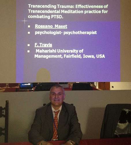 31.jpg - 17 July 2013Dr Rossano Maset, among scientists from several European countries, presented research on reducing post traumatic stress conducted of Dr Fred Travis. The study reported immediate and dramatic reductions of PTSD to a non-symptomatic level after 30 days of Transcendental Meditation practice. 