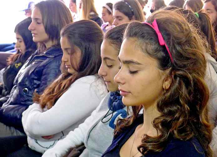 Italy-025adj.jpg - Students at the Institute practise Transcendental Meditation at school in a group. Dr Morris reported that the silence was very deep during the student?s ?quiet time?.