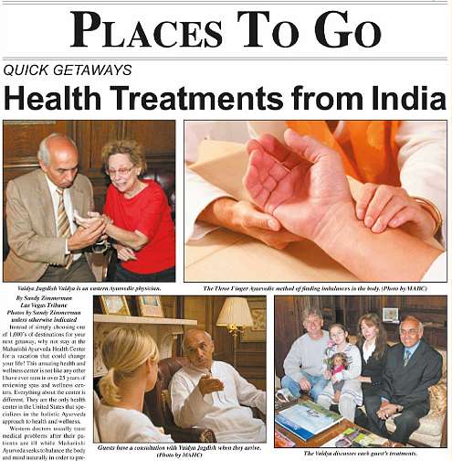 05-maharishiayurvedahealctr.jpg - A typical article about Maharishi Ayurvedic consultations. Ayur-Vedic physicians from India often come from a long hereditary line of Vaidyas or Ayurvedic physicians. An important part of the consultation is pulse-taking, a highly specialized skill that can identify imbalances in the physiology long before they manifest as an illness. The Vaidya prescribes measures to rebalance the physology and suggests an ideal diet suited to the client's physiology.