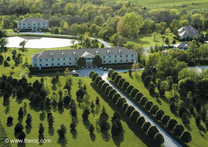 RajAerial.jpg - The main Maharishi Ayurveda Health Centre and Spa in Fairfield, Iowa, USA. Like its European and Asian counterparts, The Raj offers concultations and Panchakarma treatments of varying lengths from day spa to Veda-intensive therapies for chronic disorders.