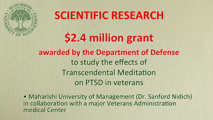 60_Bevan.jpg - Maharishi University of Management (MUM) has received a $2.4 million grant awarded by the Department of Defense to study the effect of Transcendental Meditation on Post Traumatic Stress Disorder in veterans. MUM professor Dr Sanford Nidich will work in collaboration with a major Veterans Administration medical Center. This study will take place over a time frame of four years.