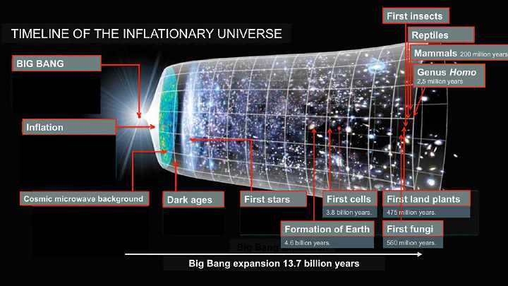 Slide04.jpg - This graph illustrates what physicists call the ?timeline of the inflationary universe?, starting with the big bang birth of the universe about 13.7 billion years ago. Earth was formed 4.6 billion years ago, after which came the first cells, fungi, land plants, insects and mammals?all of which are relatively recent compared to the age of the universe.