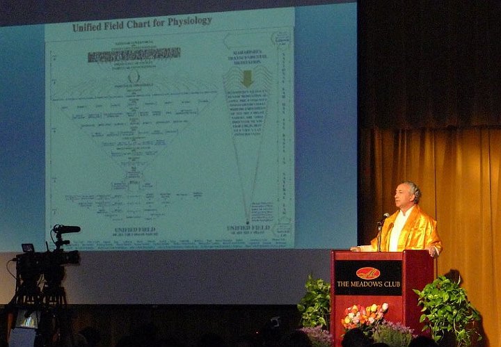 P1040157.jpg - Dr Tony Nader, the event keynote speaker at the Meadows Club, used a large graphic, the Unified Field Chart for Physiology, to illustrate a point in his presentation, ?Embodying Totality?.
