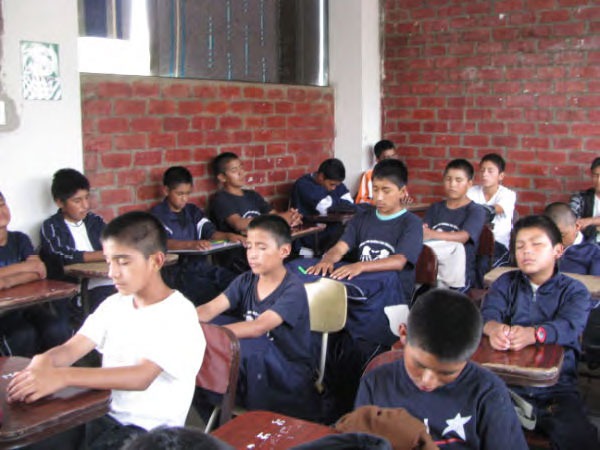 Peru_07.jpg - Boys beginningi class with a short practise of Transcendental Meditation at the Comunidad de Ninos de la Sagrada Familia.