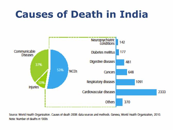 Slide05.jpg - This chart shows the main causes of death in India. Cardiovascular disease is now the number one cause of death in India, as it is in the rest of the world.