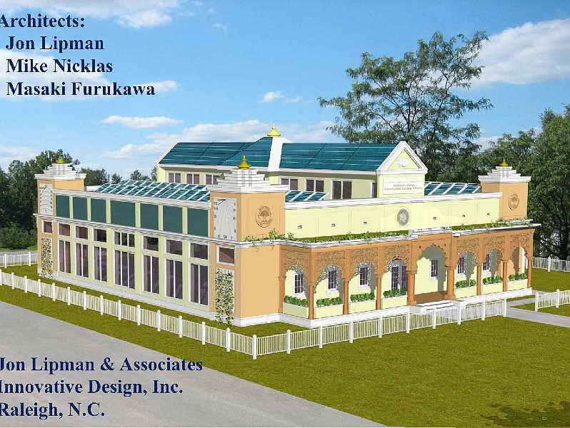 Slide04.jpg - Computer rendering of finished building. On south (left) is greenhouse, verandas are on east (front) and west. The monitor, or raised section with windows in the middle of roof, lets light into the inner rooms.