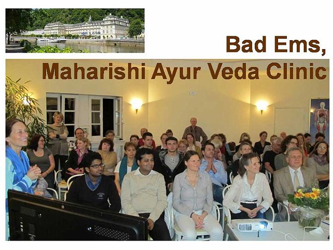 Slide2.jpg - The Haekers Grand Hotel, upper left, has been home to spas for 700 years and is now the home of the Maharishi Ayurveda Clinic. Many practitioners of Transcendental Meditation attended a meeting with Dr Travis in the hotel, including Vaidya Chakravarti in the front row, far left.