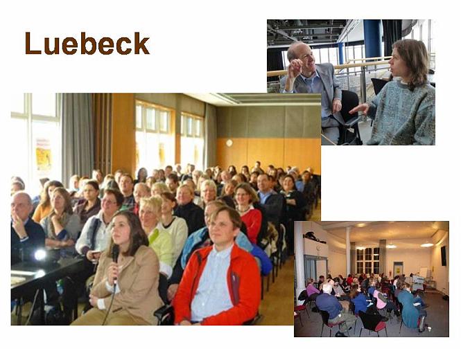 Slide4.jpg - In Luebeck at a ?new age? fair Dr Travis spoke to a crowd of over a hundred who expressed interest in spirituality and appreciated how Transcendental Meditation is different from other methods of meditation. Dr Travis spoke with an EEG demonstrator, upper right, who was pleased to see how coherent her brain waves were. In Berlin, lower right, Dr Travis spoke at a meditation and science conference on optimal brain functioning, buffering the effects of stress, and improving creativity. 