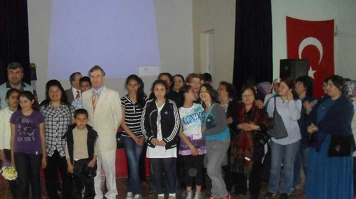 33-Group-near-Izmir.jpg - At a community school in Izmir, Turkey the delegation enjoyed answering many eager questions on Consciousness-Based Education from students and faculty.