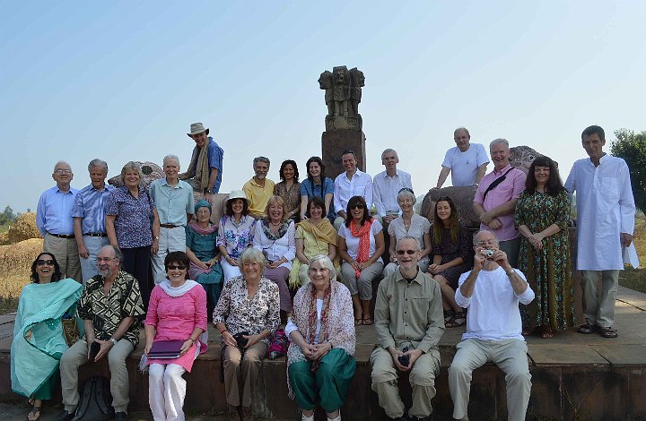 04-UK-GrPBijauri.jpg - The British group at the monument marking the center of India. They reported that their experiences in the Transcendental Meditation Sidhi programme were enriched by the deep, spiritual atmosphere of the beautiful campus and from witnessing daily Vedic performances by the Maharishi Pandits.  One individual declared the trip ??a pinnacle of life experiences.?.  Another said, ?on returning to England I realized there had been a major transformation of the mind and physiology, and profound effects in the qualities of the heart.?They appreciated the comfort of their rooms and the gracious, helpful staff in the western style residences. 