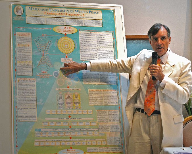 35-Total-Knowledge.jpg - Dr Warburton highlights features of a rare, complete encyclopedia of Maharishi?s knowledge collected in chart form. Dr E. M. Burnbaum, head of Maharishi European Sidhaland?s Board of Governors, said that it is ?a great course, unmissable?it nourishes both the intellect and experiences in meditation?.  Another participant said, ?well-presented and lively course, full of kindness and good humour?supreme knowledge and great insights unavailable elsewhere? an additional comment, ?a good dose of brain gymnastics??Dr Warburton also travelled to Italy and gave a presentation of his course to an interested and lively group in the Hotel Costello near Bologna. 